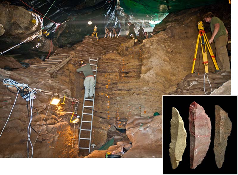 Researchers excavate a cave at Pinnacle Point in South Africa. They have found stone blades, which push this technology back to an earlier than previously thought. Credit: Erich Fisher; (inset) Simen Oestmo