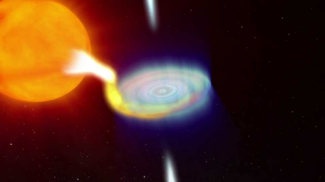 On June 15, NASA's Swift caught the onset of a rare X-ray outburst from a stellar-mass black hole in the binary system V404 Cygni. Astronomers around the world are watching the event. In this system, a stream of gas from a star much like the sun flows toward a 10 solar mass black hole. Instead of spiraling toward the black hole, the gas accumulates in an accretion disk around it. Credit: NASA