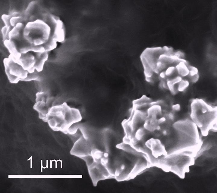 Stanford researchers used spiky nanoparticles of graphene-coated nickel to create a lithium-ion battery that shuts itself down when too hot, then restarts when cool (1μ =1 micrometer). Credit: Zheng Chen, Stanford University