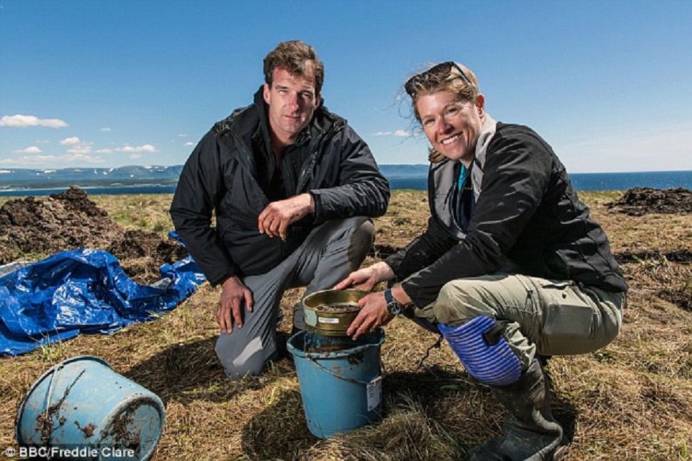 The evidence is revealed in a BBC documentary The Vikings Uncovered, presented by historian Dan Snow (pictured left at Rosee Point) as he follows Dr Sarah Parcak (right) and her team's excavations in Newfoundland. Also presented in the PBS documentary called Vikings Unearthed for the long running series NOVA. Photo credit: BBC / Freddie Clare. 
