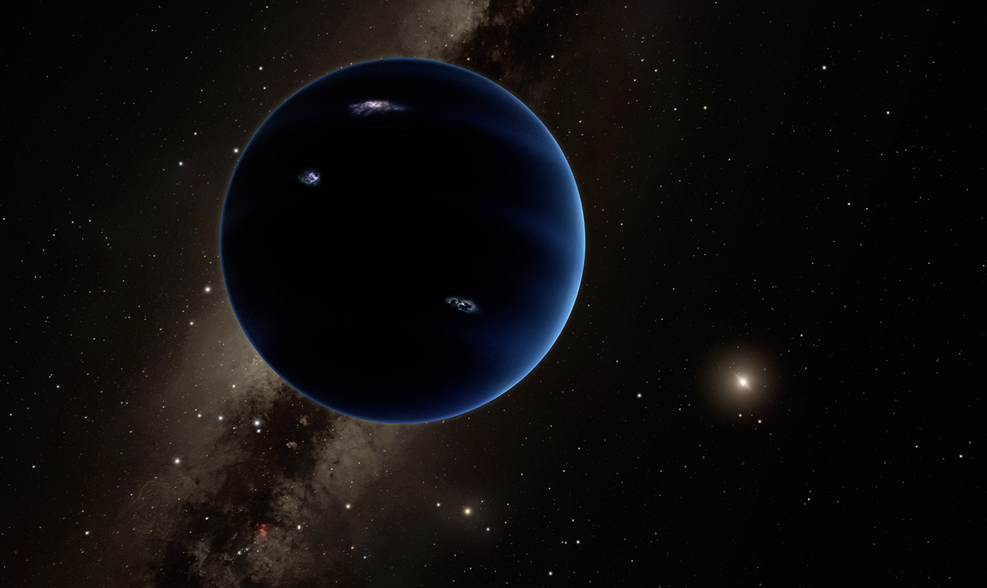 This artistic rendering shows the distant view from Planet Nine back towards the sun. The planet is thought to be gaseous, similar to Uranus and Neptune. Hypothetical lightning lights up the night side. Image Credit: Caltech/R. Hurt (IPAC)