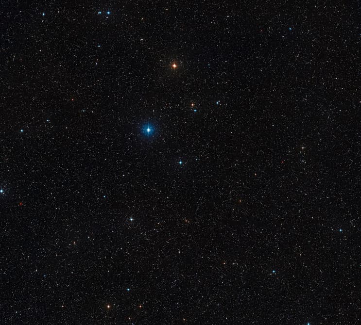 Wide-field image of a region of the constellation Centaurus centered on HD 131399. Credit: ESO/Digitized Sky Survey 2