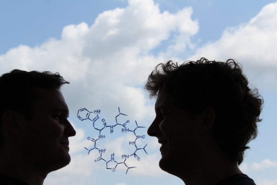 The chemical structure of newly discovered antibiotic Lugdunin. Also in the photograph: the two lead authors Alexander Zipperer (left) and Martin Christoph Konnerth (right). Credit: Martin Christoph Konnerth