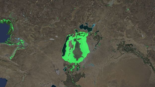The Aral Sea has almost completely dried out - seen here in green.