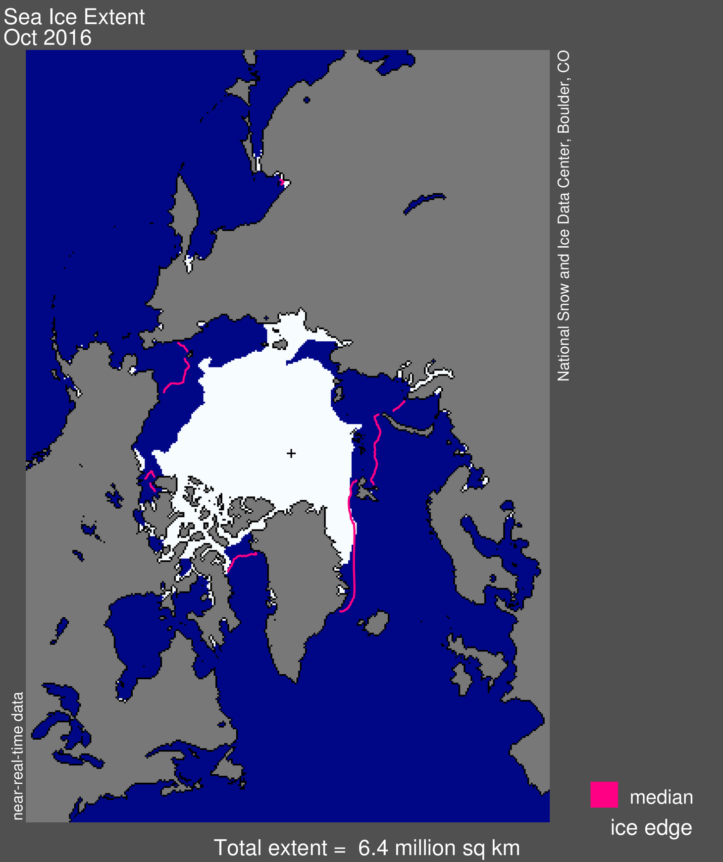 rctic sea ice extent for October 2016 was 6.40 million square kilometers (2.5 million square miles). The magenta line shows the 1981 to 2010 median extent for that month. The black cross indicates the geographic North Pole. Credit: National Snow and Ice Data Center