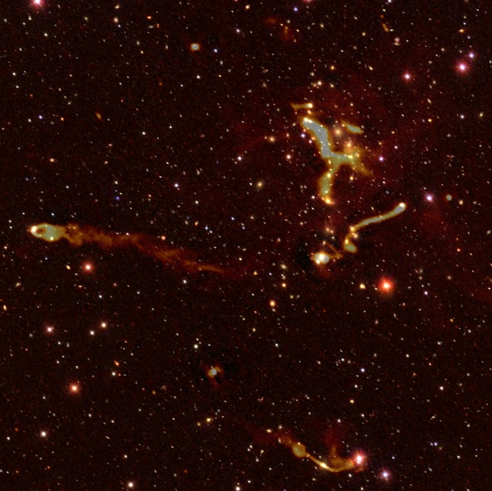 This handout released by Paris Observatory — PSL on Tuesday, shows an image taken with the Low-Frequency Array (LOFAR) radio telescope of diffuse emissions of material in a galaxy cluster. — AFP