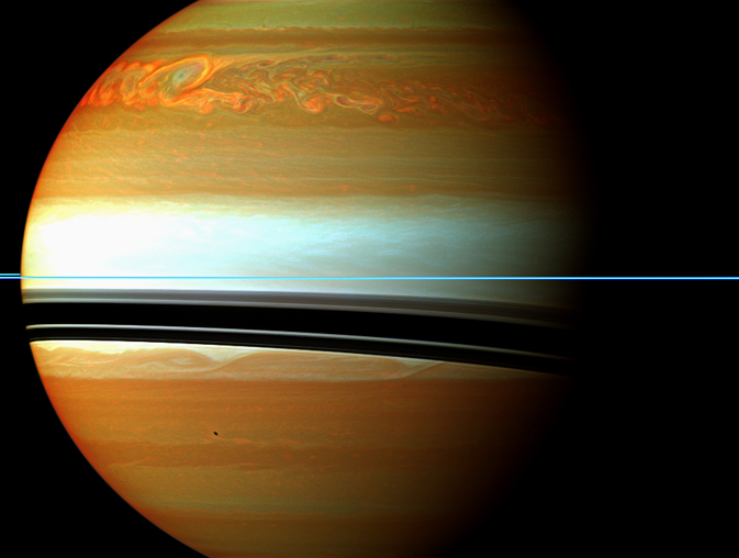 hese red, orange and green clouds (false color) in Saturn's northern hemisphere indicate the tail end of the massive 2010-2011 storm. Credit: NASA/JPL-Caltech/Space Science Institute.
