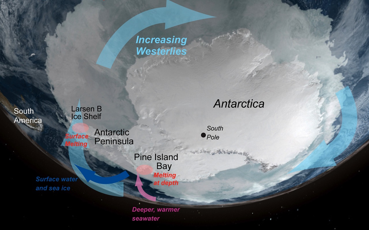 Ice loss culprits include the loss off buttressing ice shelves, wind, and a sub-shelf channel that allows warm water to intrude below the ice. Credit: NASA/NSIDC 