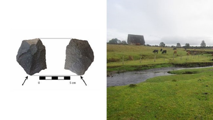 Left: One of the stone tools found . It was produced 15-16 000 years ago and used for woodworking. Right: A view of the surroundings of the excavation site in 2012. Image credit: Tom Dillehay / Sietecolores , Wikimedia Commons