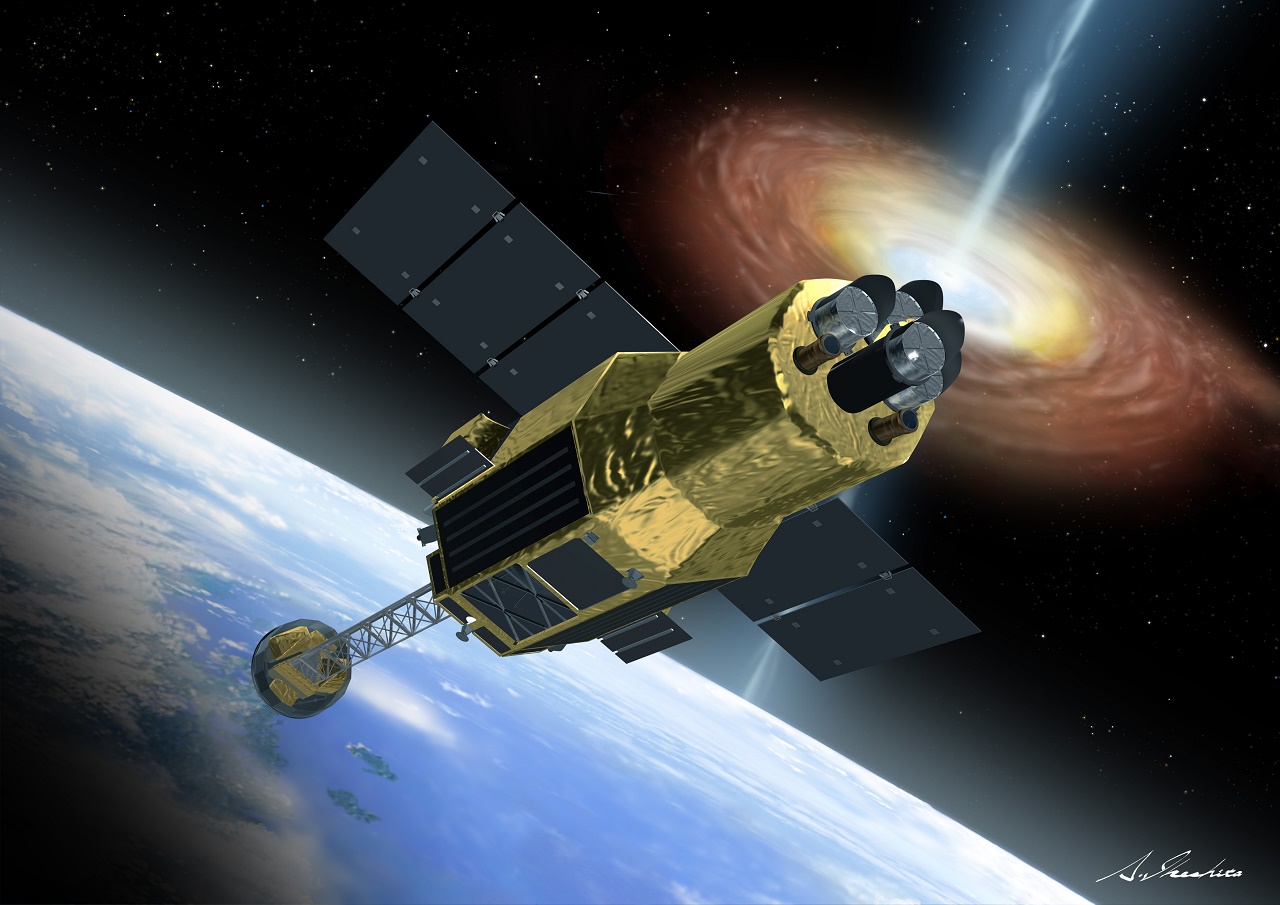 Formerly known as NeXT (New X-ray Telescope) and then as Astro-H, Hitomi (meaning "pupil of the eye") now flies high above Earth’s atmosphere, joining six other X-ray space observatories in studying the hot and violent universe. Hitomi’s unique view will help astronomers trace the evolution of galaxy clusters and peer through thick clouds of dust and gas to investigate the growth history of black holes.. Credit: JAXA