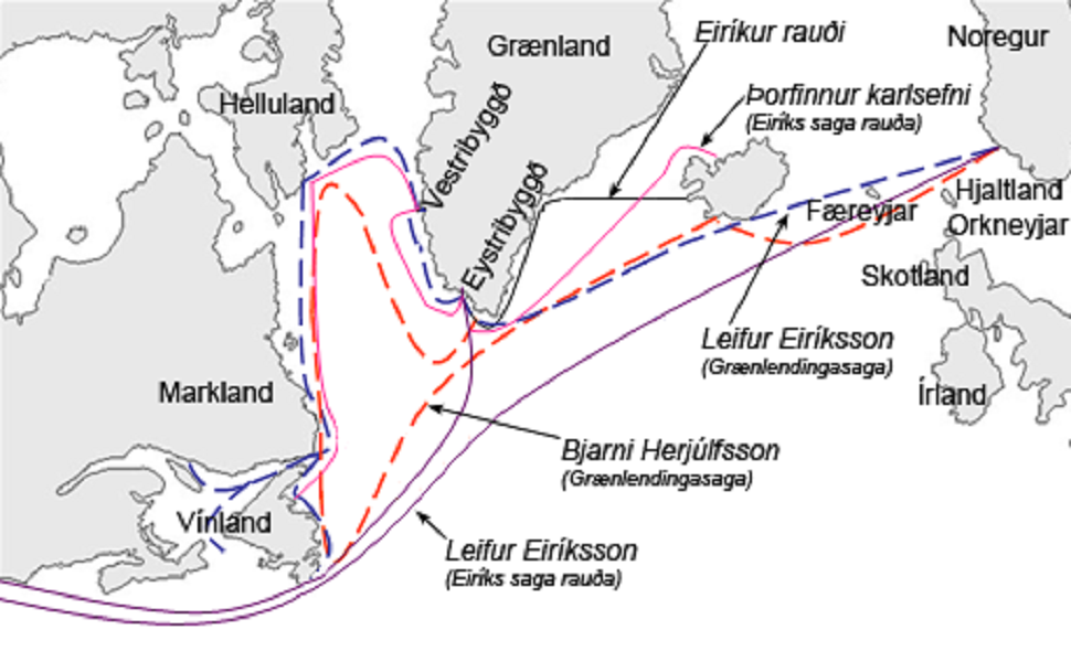 Possible routes traveled in Saga of Eric the Red and Saga of the Greenlanders