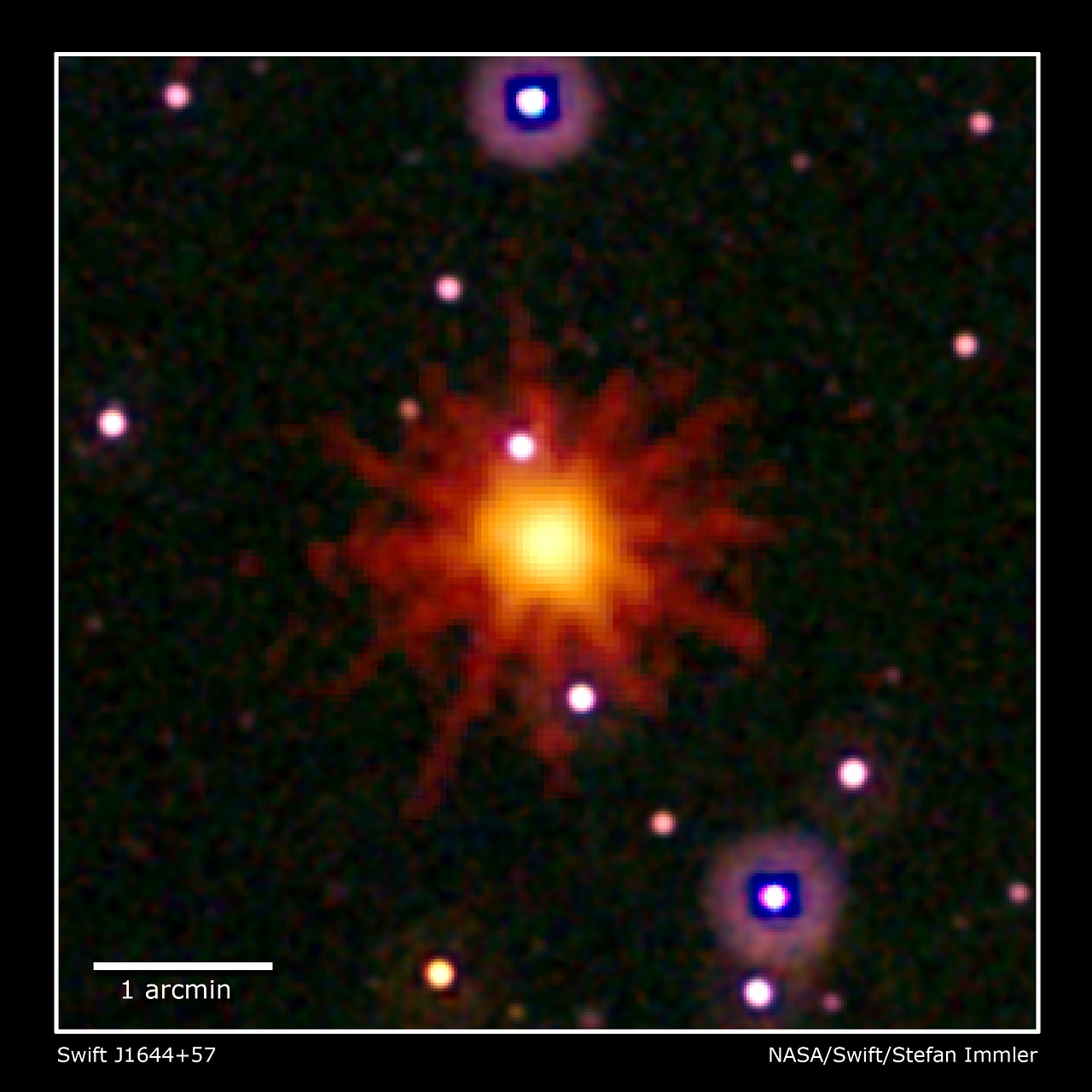 An X-ray outburst astronomers classify as a tidal disruption event. The event is seen only in the X-ray image, which is a 3.4-hour exposure taken on March 28, 2011. The outburst was triggered when a passing star came too close to a supermassive black hole. The star was torn apart, and much of the gas fell toward the black hole. To date, this is the only tidal disruption event emitting high-energy X-rays that astronomers have caught at peak luminosity. Credits: NASA/Swift/Stefan Immler