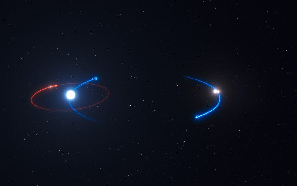 ESO graphic displaying the likely orbital paths of HD 131399Ab and its three parent stars based on computer simulations. Credit: ESO.
