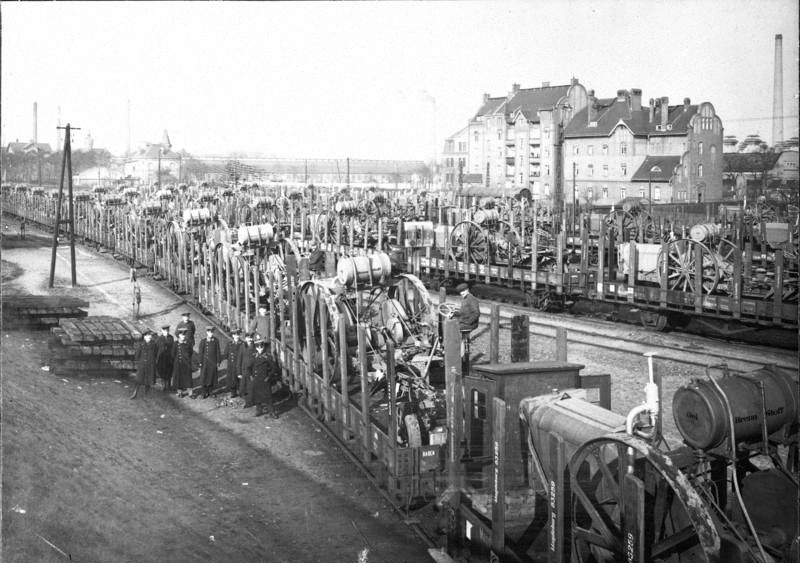 The Treaty of Versailles stated that a Reparation Commission would be established in 1921. Seen in this photo, trains loaded with machinery deliver their cargo as reparation payment in kind.