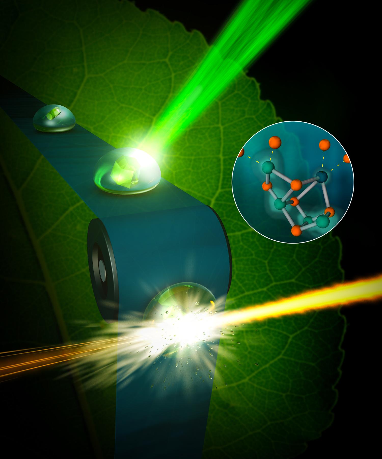 A femtosecond X-ray pulse from an X-ray free electron laser intersecting a droplet that contains photosystem II crystals, the protein extracted and crystallized from cyanobacteria. Credit: SLAC National Accelerator Laboratory Read more at: http://phys.org/news/2016-11-oxygen.html#jCp
