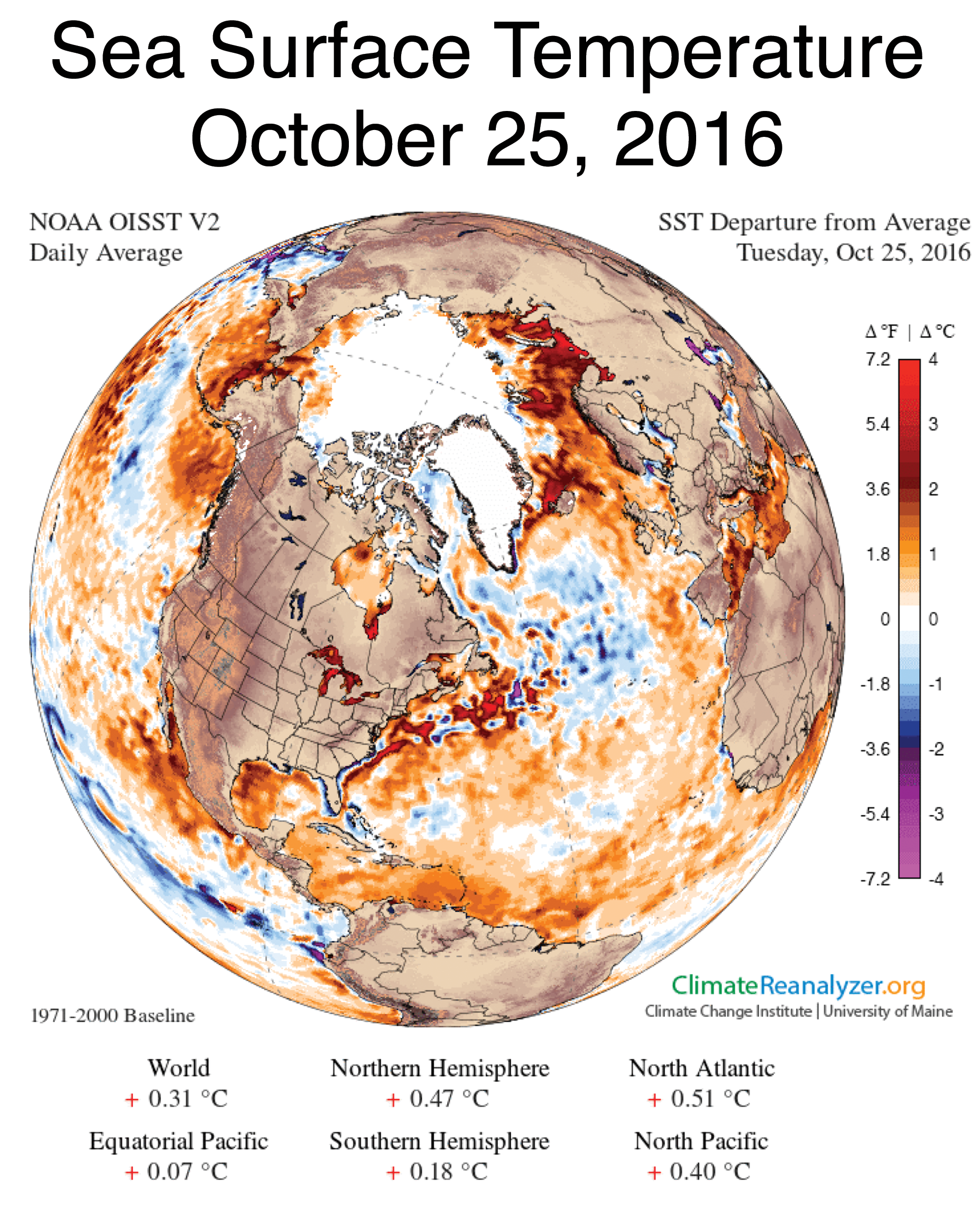 Sea surface temperatures (SSTs) in October were unusually high over the Chukchi and Beaufort Seas, as well as the Barents and Kara Seas along the Eurasian coast, helping to limit ice growth. This figure shows SSTs on October 25, 2016. Credit: Climate Change Institute/University of Maine