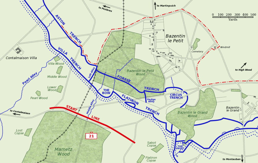 Map of Bazentin le Petit sector on the morning of 14 July 1916, Battle of Bazentin Ridge, showing the German second defensive position. German trenches are shown in blue, including the communications trenches connecting to the (captured) first position.