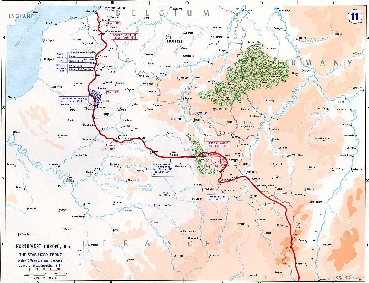 The Western Front 1915–1916 with the Battle of Verdun and Somme marked along the front line.