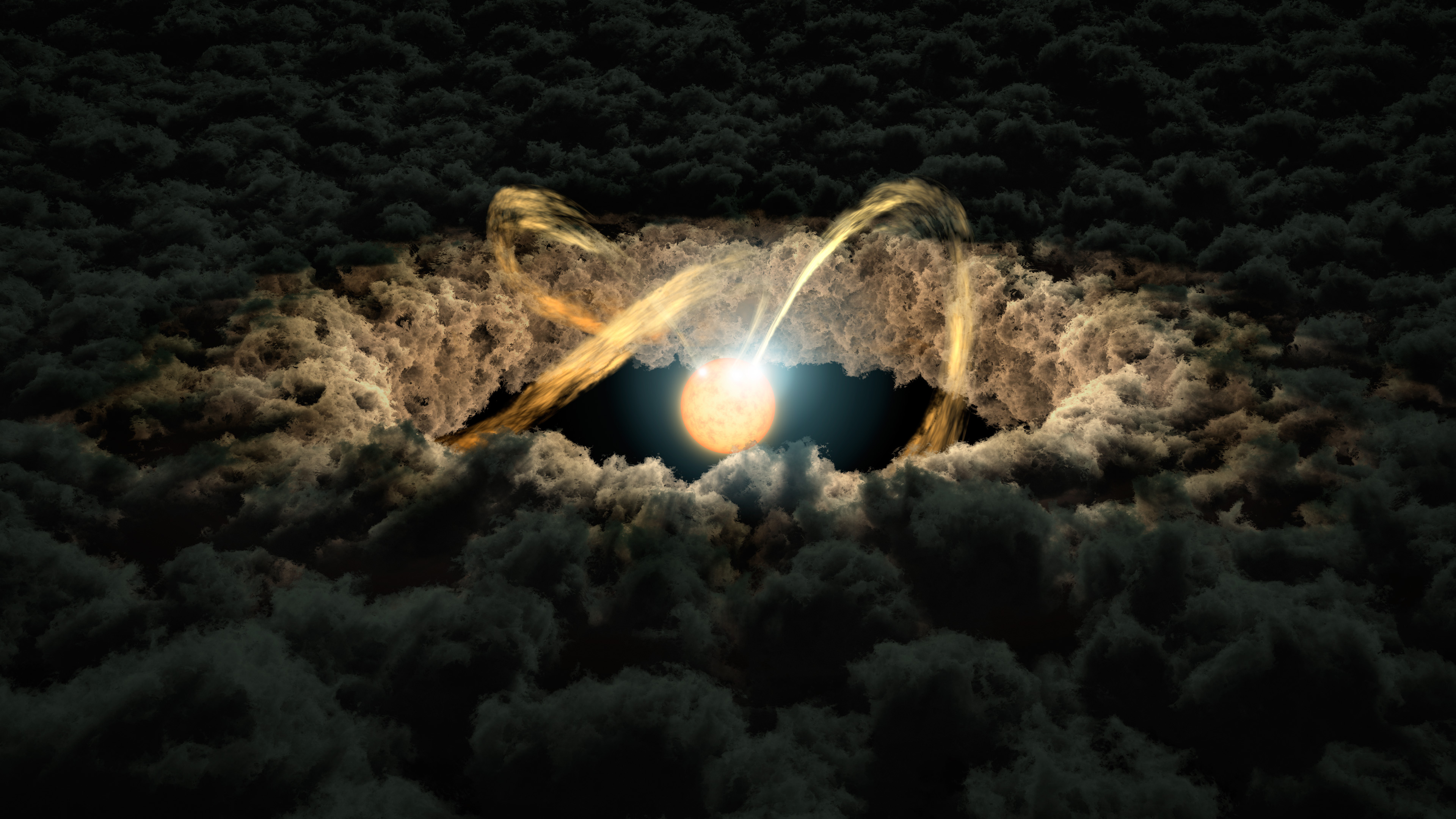 This illustration shows a star surrounded by a protoplanetary disk. Material from the thick disk flows along the star’s magnetic field lines and is deposited onto the star’s surface. When material hits the star, it lights up brightly.