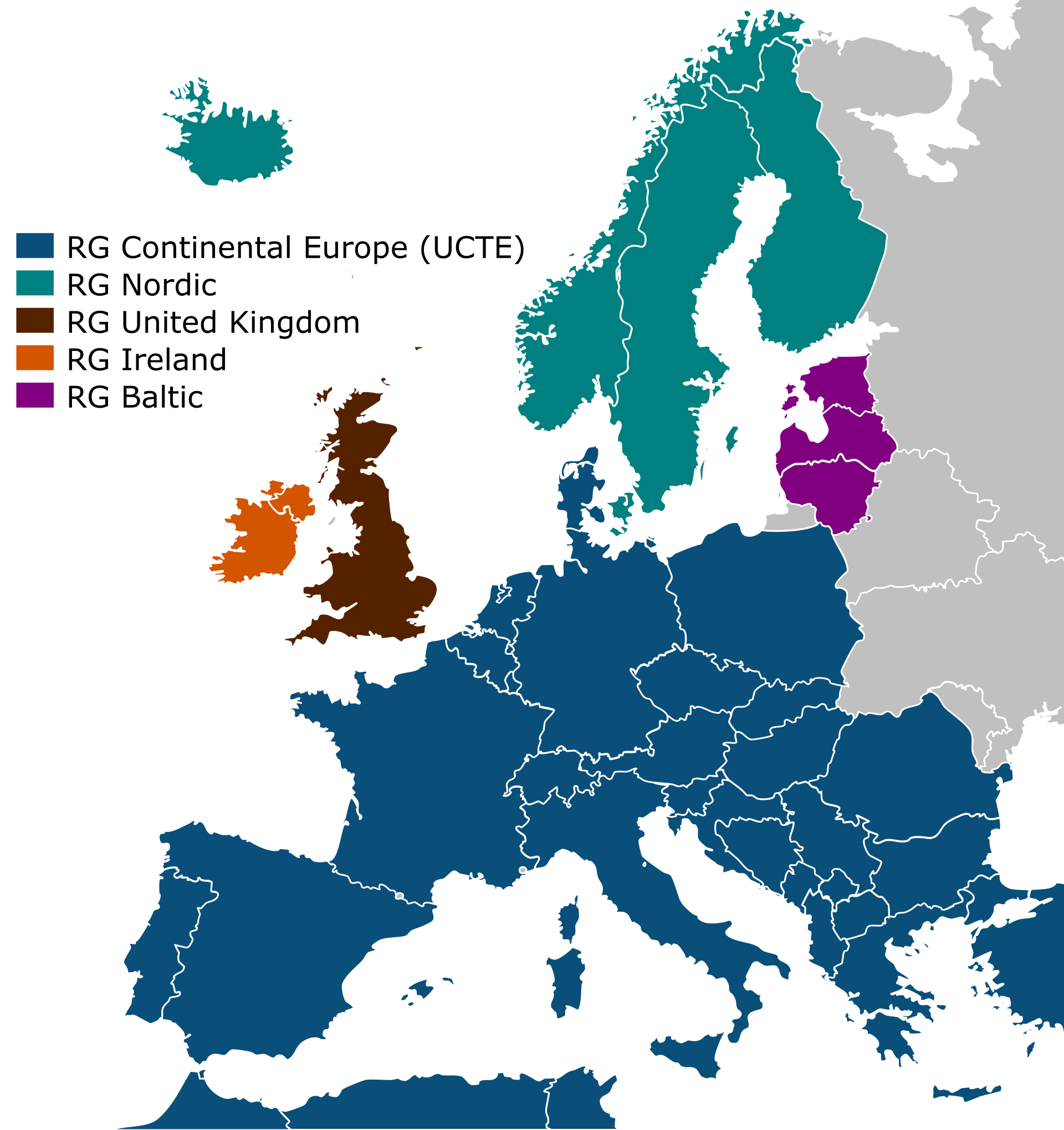 Map of European Transmission System Operators Organizations (Regional Groups) Continental Europe, Nordic, Baltic, Great Britain and Ireland/Northern Ireland (former UCTE, UKTSOA, NORDEL, ATSOI, IPS/UPS).